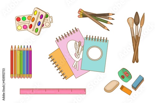 A set of stationery and school supplies. Multi-colored image of objects on a white background. Elements and templates for design. Vectron illustration.