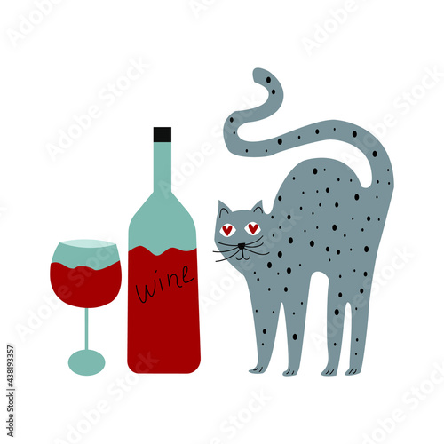 Vector illustration with funny cat, glass wine bottle, little red hearts, Cute print design with domestic animal and alcohol