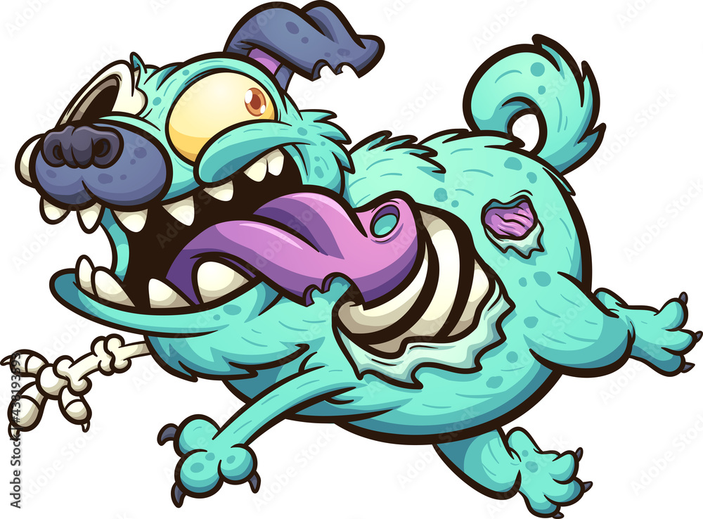 Green zombie pug dog running with tongue out. Vector clip art illustration with simple gradients. All in a single layer. 
