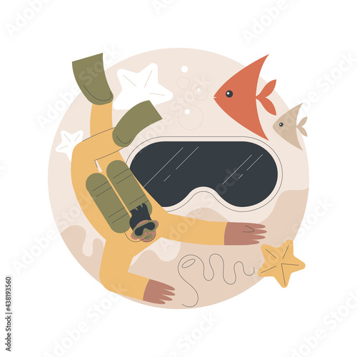 Scuba diving abstract concept vector illustration. Underwater diver, coral reef, sea wildlife, adventure holiday, snorkel mask and equipment, ocean island, swimming abstract metaphor.