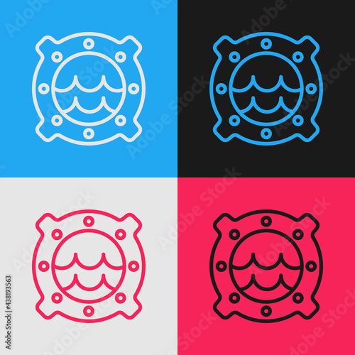 Pop art line Ship porthole with rivets and seascape outside icon isolated on color background. Vector