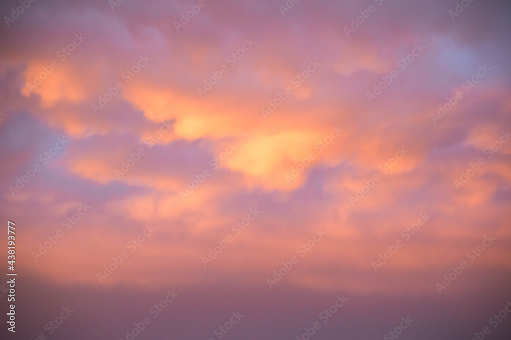 Sky with sunset. Pink and gold clouds. The lights of a sun. Dawn. Landscapes. Nature.