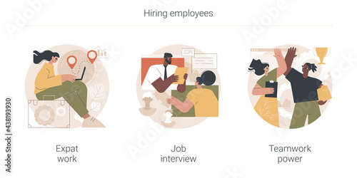 Hiring employees abstract concept vector illustration set. Expat work, job interview, teamwork power, migrant workers, choosing a candidate, prepare for interview, recruiter abstract metaphor.