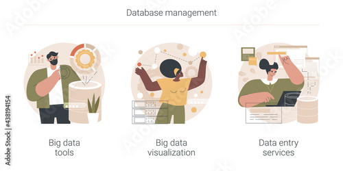 Database management abstract concept vector illustration set. Big data tools and visualization, data entry services, analytics platform, business intelligence, software development abstract metaphor.