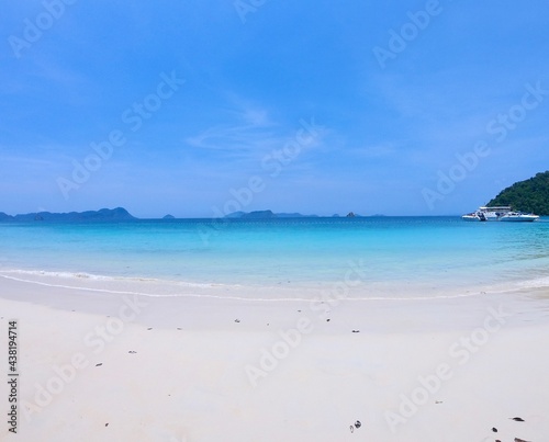 Tropical paradise beach of Nyaung Oo Phee islands on sunny day in Myanmar.