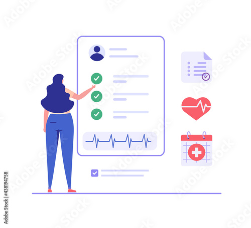 Health Check Up Concept Web Banner. Patient Examining or Checking her Health Online. Concept of Healthcare, Health Insurance, Medical Report. Vector illustration for Web Design