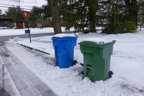 A blue and a green trash can covered with snow by the side of a snow covered, freshly plowed street waiting for garbage pickup