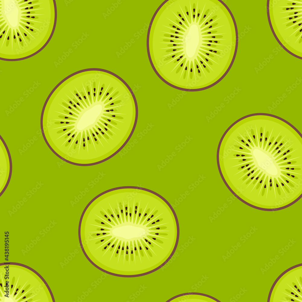 Fototapeta premium Kiwi fruit slices on a green background. Food seamless pattern. Vector flat illustration.