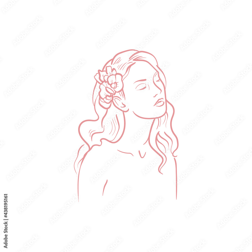Wedding hairstyle. Portrait of a girl trending vector illustration. Linear art. Icon for wedding agencies, photographers, law shops, florists, pastry shops Wedding hairstyle. Portrait of a girl trending vector illustration. Linear art. Icon for wedding agencies, photographers, law shops, florists, pastry shops