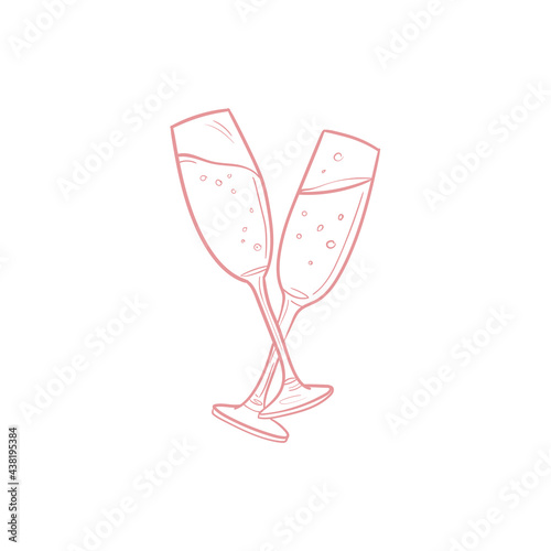 Champagne, glass, wedding decor. Trend vector illustration. Linear art. Icon for wedding agencies, photographers, law shops, florists, pastry shops