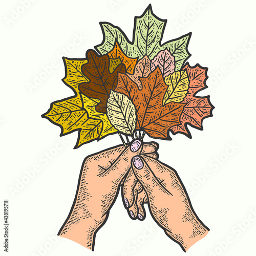 Hands hold a bouquet of autumn leaves. Sketch scratch board imitation color.