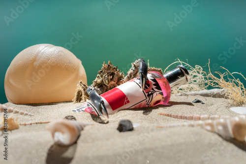 pink perfume on the sand with crab on it and clams and conch