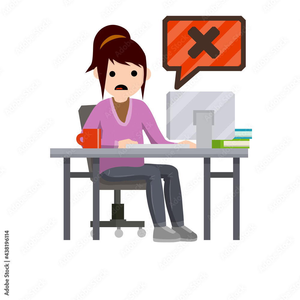 Error message in computer. Shocked woman sit at table with monitor. Hacking data system. Cartoon flat illustration. Problem with program. Office work and freelance. Virus and bug Error message in computer. Shocked woman sit at table with monitor. Hacking data system. Cartoon flat illustration. Problem with program. Office work and freelance. Virus and bug