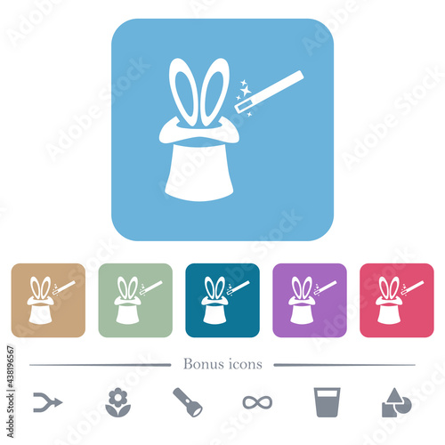 Magic hat with bunny ears flat icons on color rounded square backgrounds