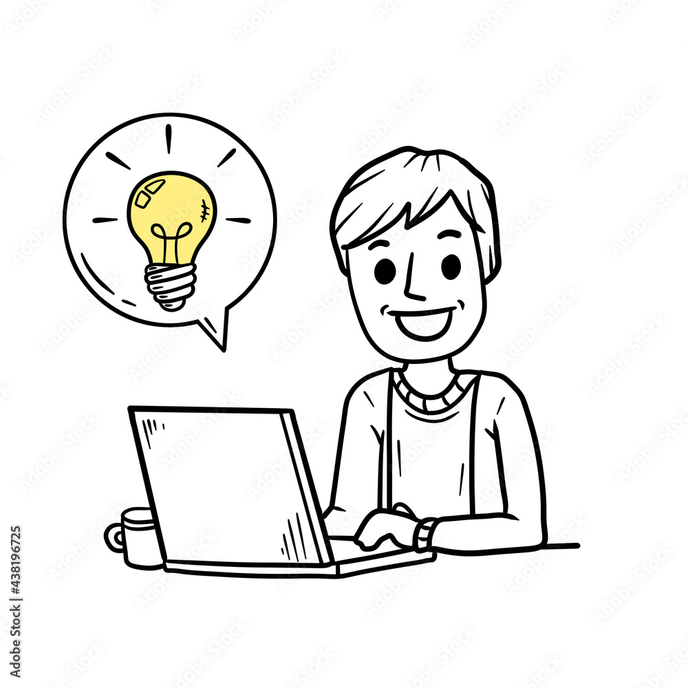 Man sitting at table with laptop. Work as freelancer and programmer. Modern gadget. Smiling happy guy. Bubble with light bulb. Idea concept. Invention and thought. Hand drawn sketch cartoon Man sitting at table with laptop. Work as freelancer and programmer. Modern gadget. Smiling happy guy. Bubble with light bulb. Idea concept. Invention and thought. Hand drawn sketch cartoon