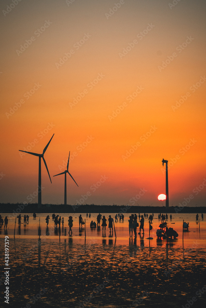 wind turbines at sunset, Tai Chung, Taiwan, Gaomei Wetlands