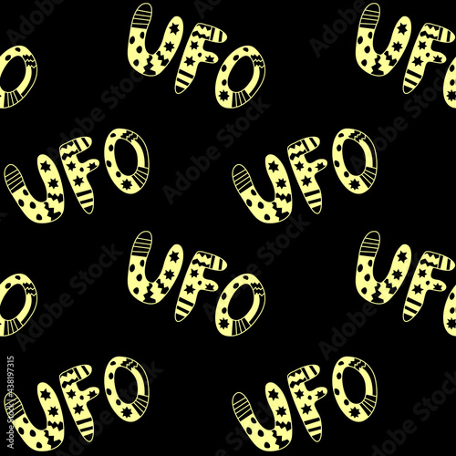 Vector color seamless pattern with the word UFO. Background and texture on the theme of space, UFOlogy, flying saucers, conspiracy
