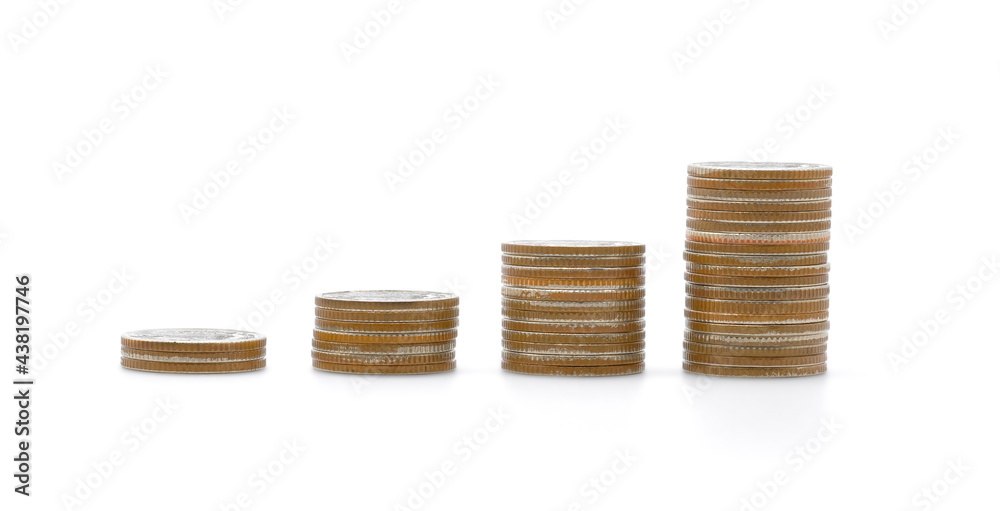 Coins stack on white background with growth, Coins arranged as a graph. Concept of money saving and business finance. Coins stack on white background with growth, Coins arranged as a graph. Concept of money saving and business finance.