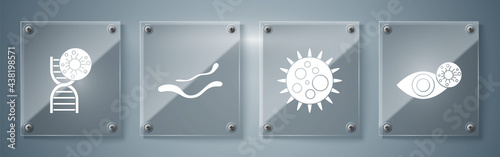 Set Reddish eye due to virus, Virus, Ebola virus disease and DNA symbol and virus. Square glass panels. Vector