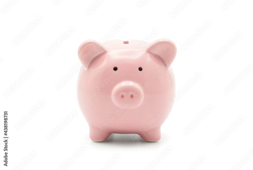 Front view of pink piggy bank for money saving isolated on white background with clipping path.