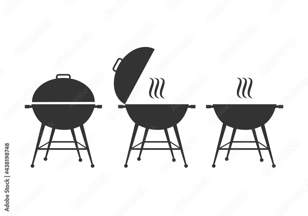 Set BBQ grill silhouette icon isolated on white background. Barbecue signs with smoke. Vector stock Set BBQ grill silhouette icon isolated on white background. Barbecue signs with smoke. Vector stock