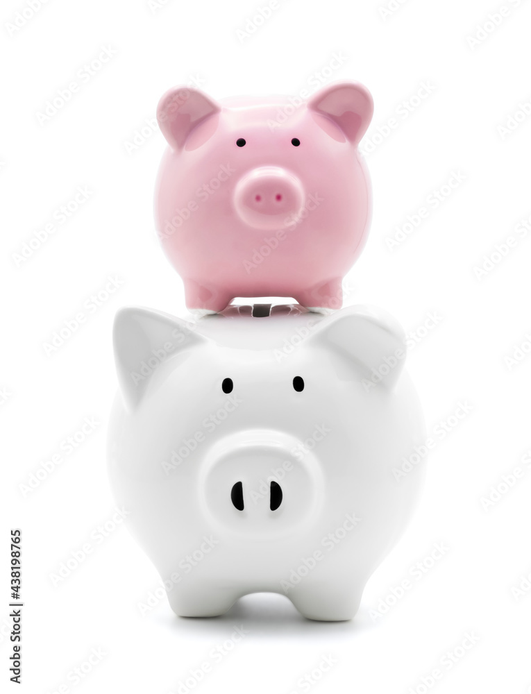 White and pink piggy bank for money saving isolated on white background with clipping path.