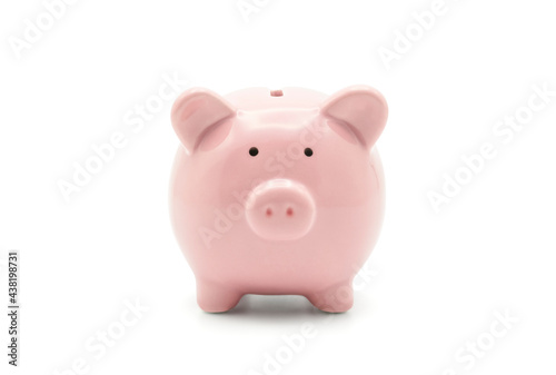 Front view of pink piggy bank for money saving isolated on white background with clipping path.