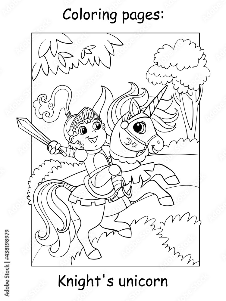 Coloring book page cute little knight in armor riding a unicorn