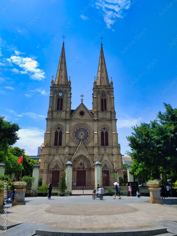 Sacred Heart Cathedral. People in front of the Catholic Church. Guangzhou. Guangdong. China. Asia
