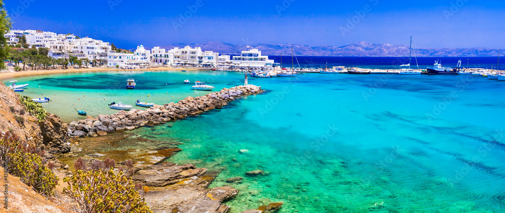 Greece holidays, Cyclades, Paros island beaches and sea. Scenic tranquil coastal village Piso Livadi with turquoise sea