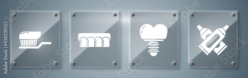 Set Crossed tube of toothpaste, Dental implant, Dentures model and Toothbrush with toothpaste. Square glass panels. Vector