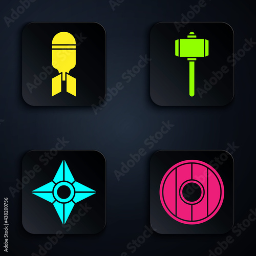 Set Round wooden shield, Aviation bomb, Japanese ninja shuriken and Battle hammer. Black square button. Vector