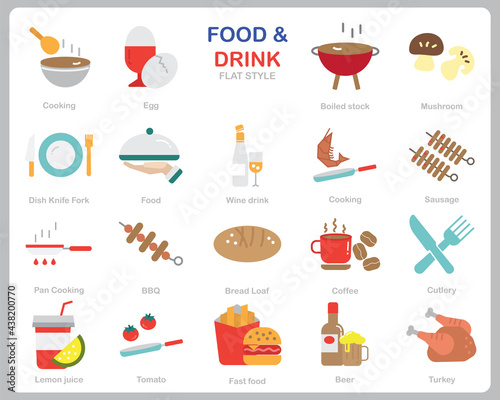 Foods and Drink icon set for website, document, poster design, printing, application. Food and Drink concept icon flat style.
