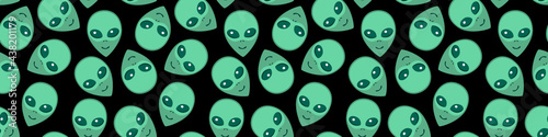 Seamless pattern with Aliens green heads. UFO, Humanoids endless backdrop isolated. Smiling visitors, Martians. Vector illustration, wallpaper on theme of space, conspiracy theory, Sci-fi, fantastic