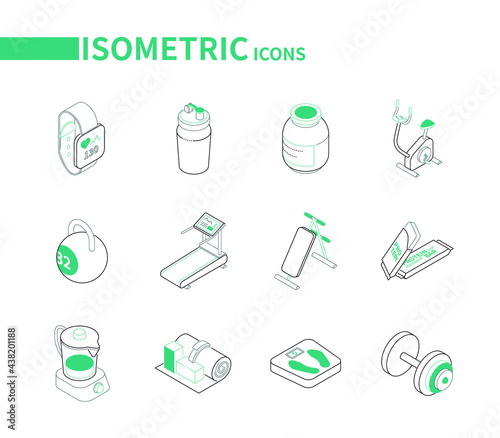 Sport and fitness - line isometric icons set
