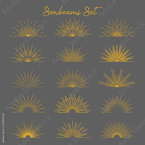 Set of vintage gold bursting rays flat icon. Graphic symbols half sun sunset firework spark starburst explosion. Vector design elements sunrise light burst line shine sunshine sunbeam retro border