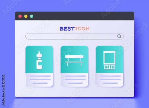 Set Bench, Bottle of water and Open matchbox and matches icon. Vector