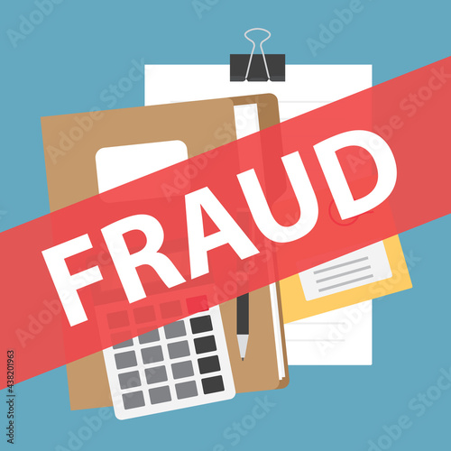 concept of fraud, red banner over financial documents- vector illustration