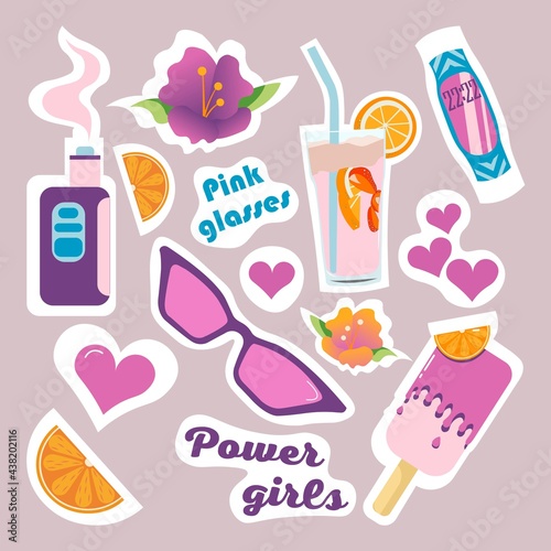 Set of vector stickers on the theme of summer. Bright stickers of images of vape, glasses, flowers, cocktail, watches and inscriptions. Girly stickers in pink colors. Suitable for diary decoration. 
