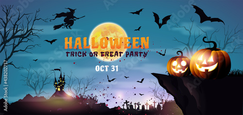 Halloween pumpkins and dark castle on blue Moon banner background