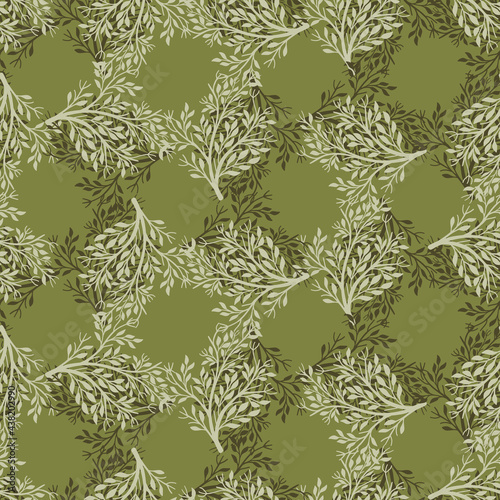 Decorative seamless pattern with abstract bush silhouettes shapes. Green olive background. Nature print.