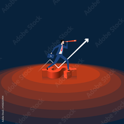 Isometric businessman use telescopes on the top of the dollar sign photo