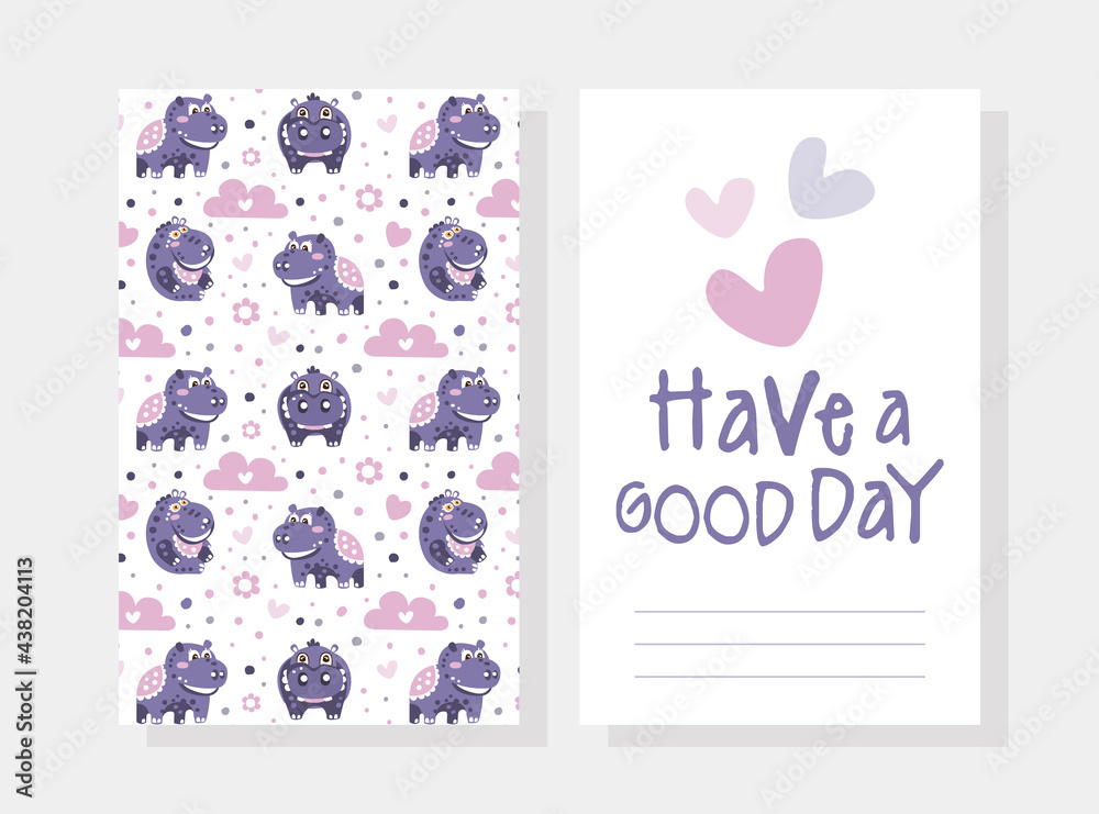 Have a Good Day Card Template with Cute Baby Hippo Seamless Pattern Vector Illustration