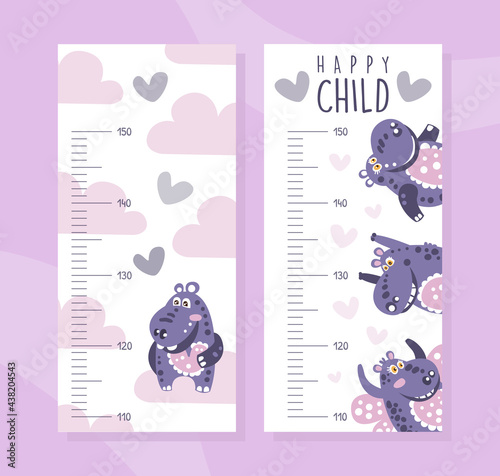 Kids Wall Meter with Pink Funny Hippo, Height Chart with African Animal Vector Illustration