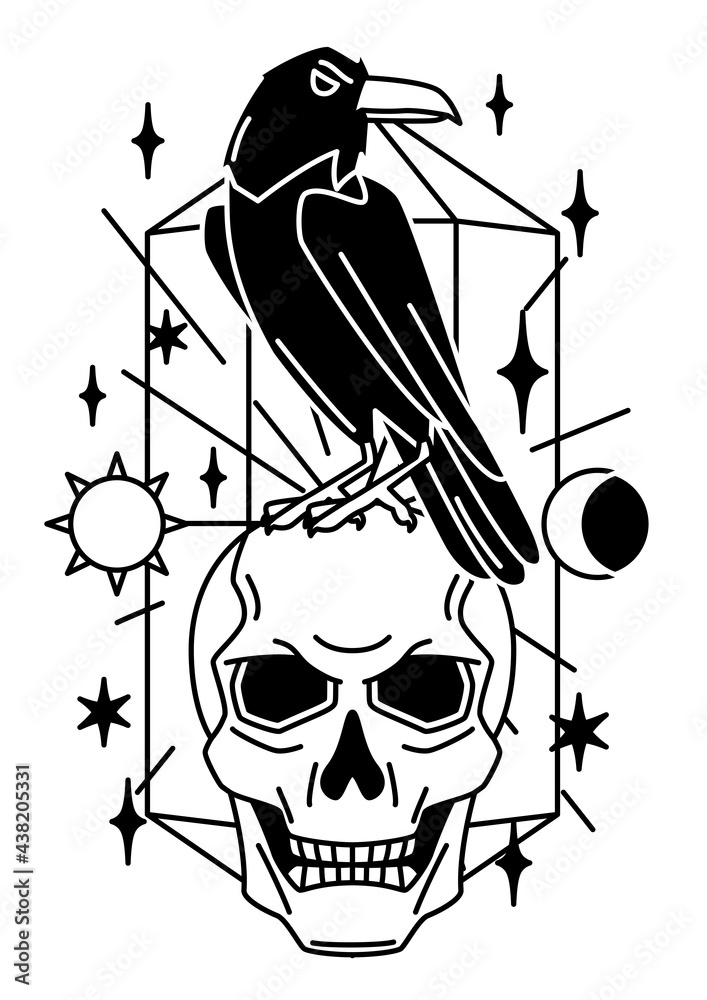 Fototapeta premium Magic illustration with raven and skull. Mystic, alchemy, spirituality and tattoo art.