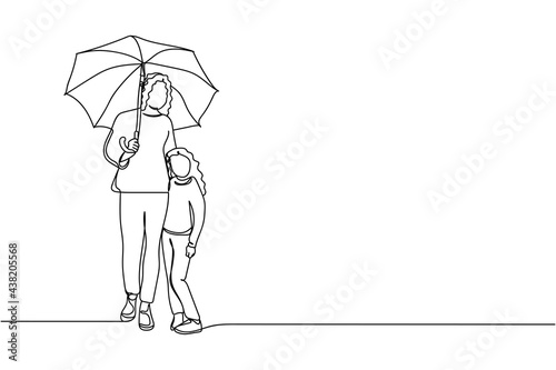 Continuous one line of mother and little daughter with umbrella in silhouette. Linear stylized.Minimalist.