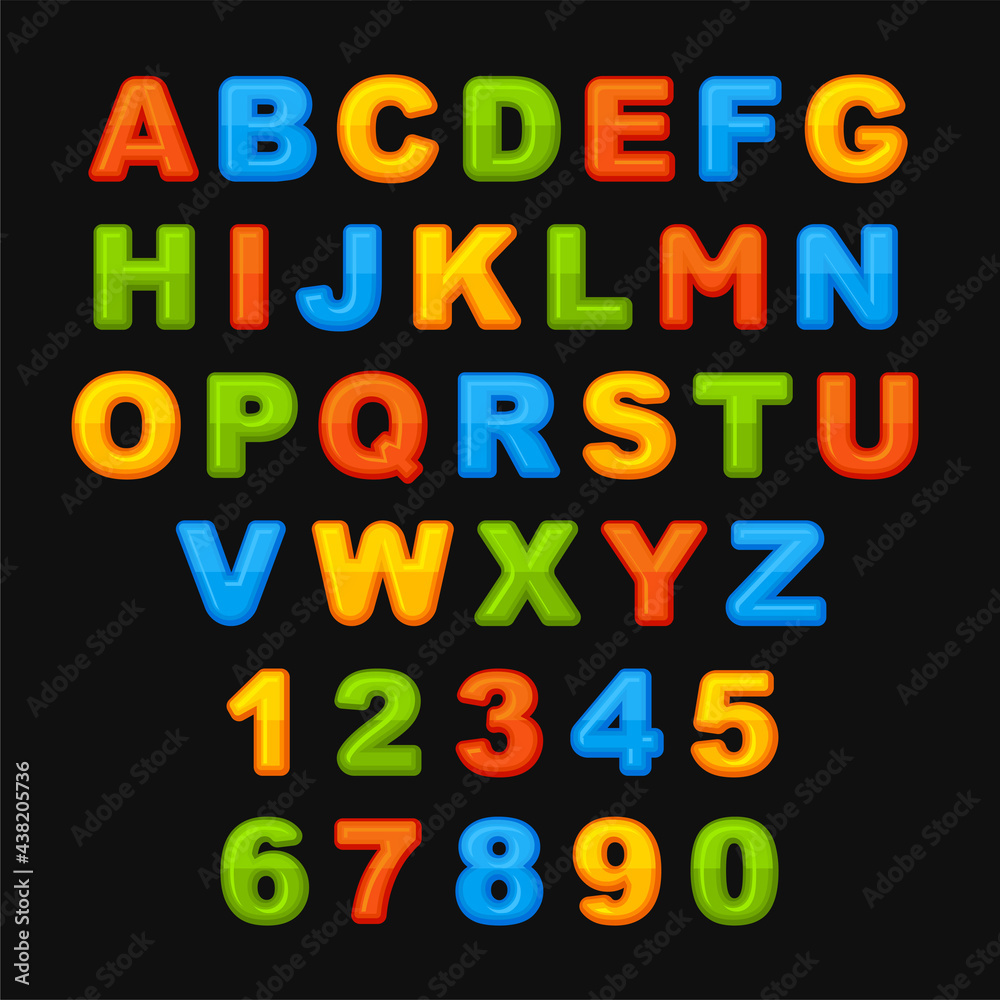 Colorful Cute Alphabets ABC Font on Black Background. Vector