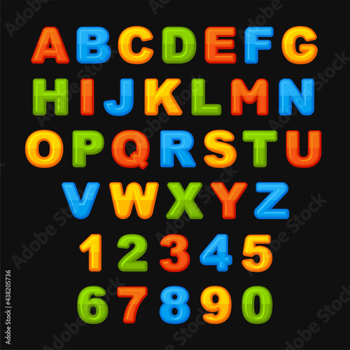 Colorful Cute Alphabets ABC Font on Black Background. Vector