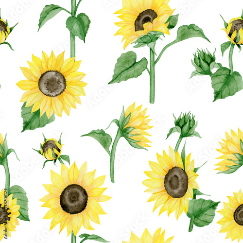 Watercolor seamless pattern with sunflowers and green leaves, hand-drawn.