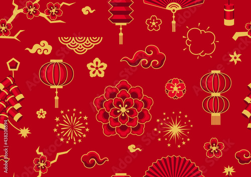Happy Chinese New Year ceamless pattern. Background with oriental symbols.